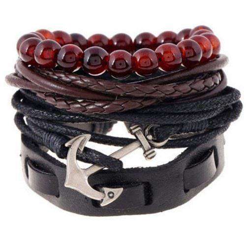 Cool Silver Anchor Charm Black Leather Multilayer Bracelet Set