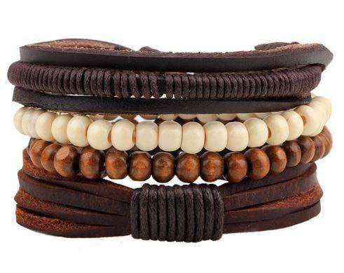 Earth Hug Brown And Cream Beaded Leather Multilayer Bracelet Set