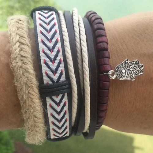 Hemp with Dark Wood Beads , Hamsa Hand Charm Leather Multilayer Bracelet Set