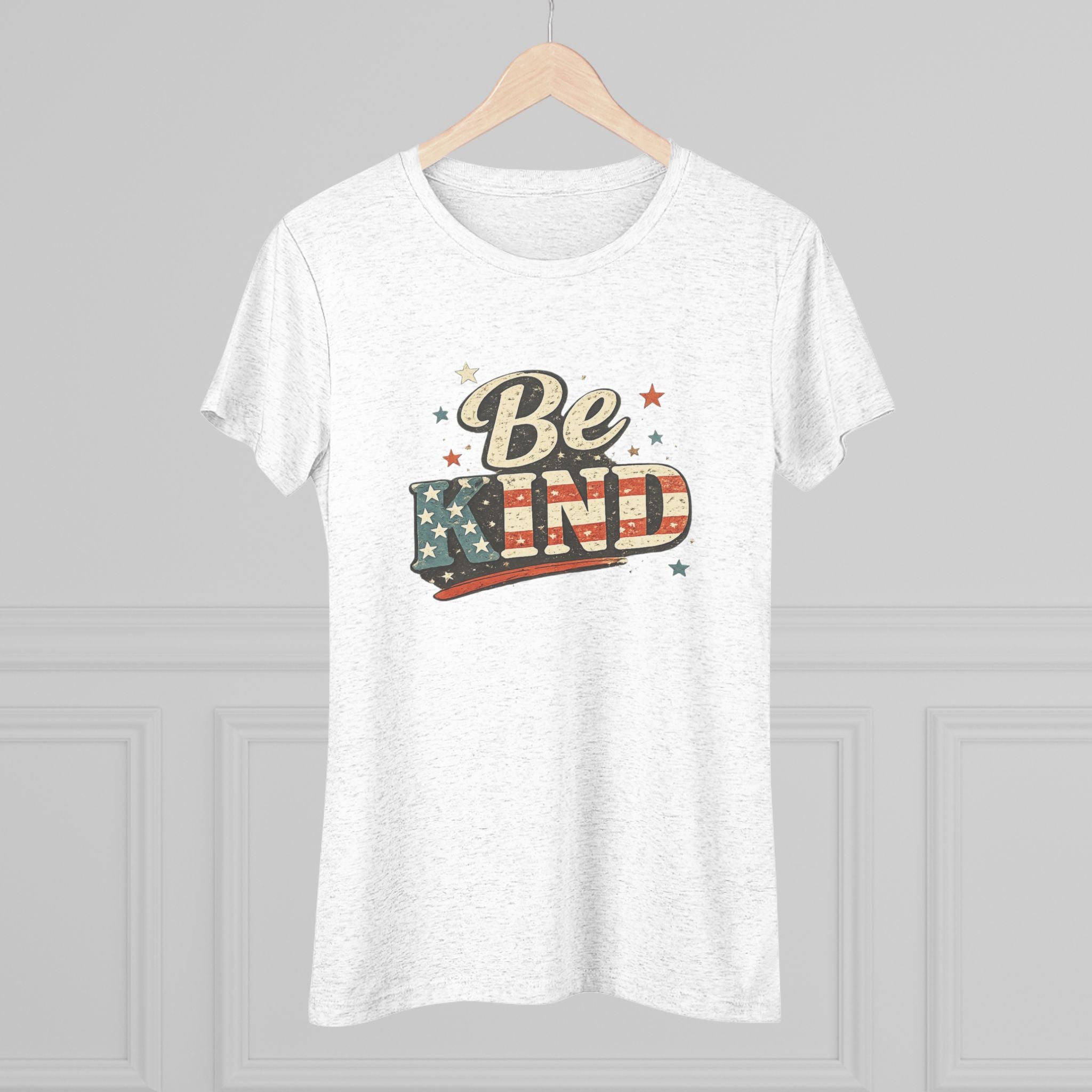 Be Kind Patriotic Women’s Tee — Vintage American Flag Graphic
