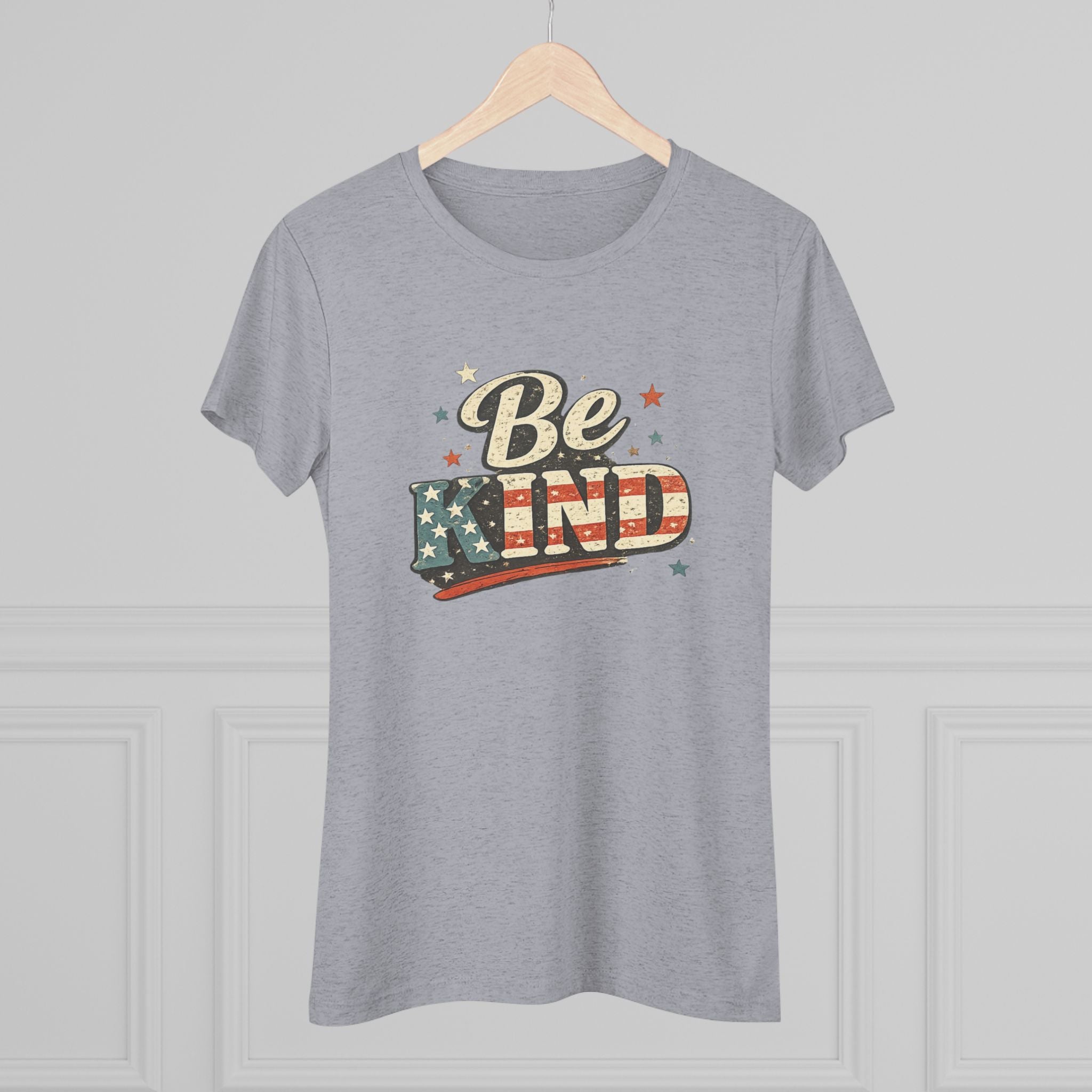 Be Kind Patriotic Women’s Tee — Vintage American Flag Graphic