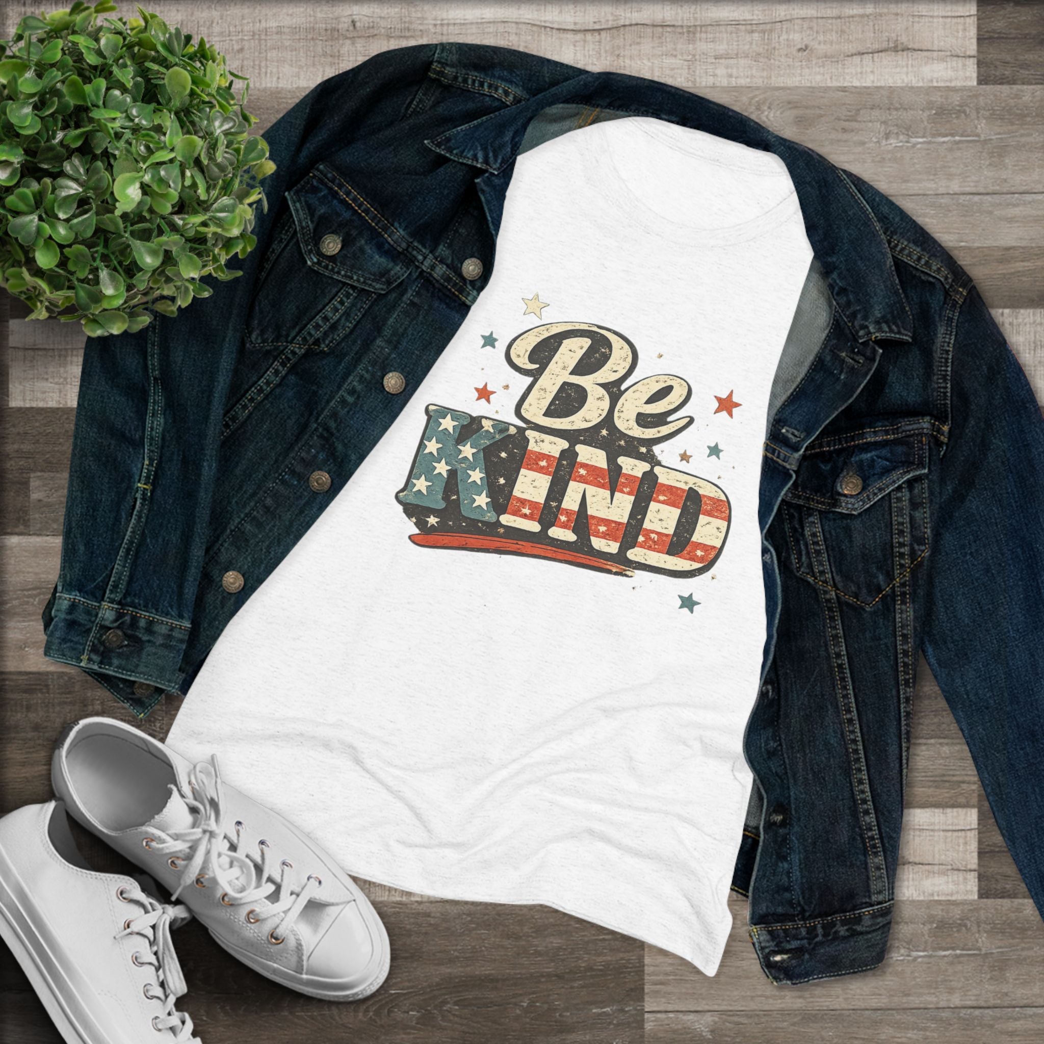 Be Kind Patriotic Women’s Tee — Vintage American Flag Graphic