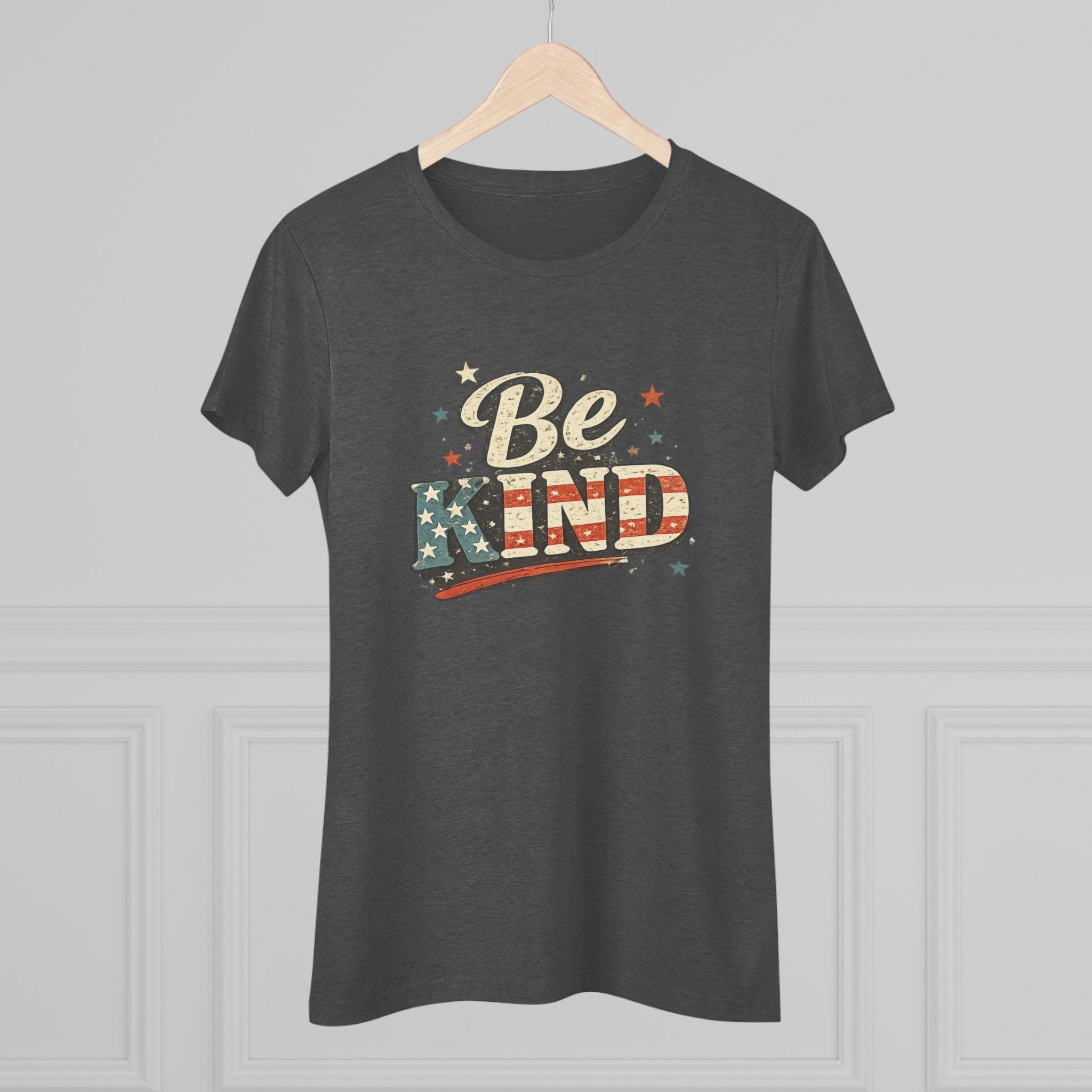 Be Kind Patriotic Women’s Tee — Vintage American Flag Graphic