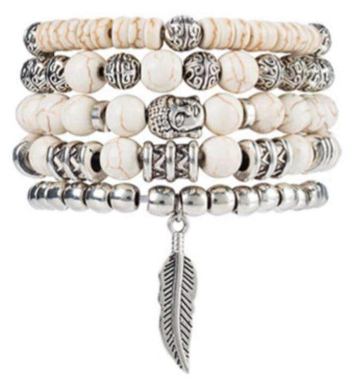 White Beaded 5 Piece Buddha and Feather Bracelet Set