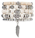 White Beaded 5 Piece Buddha and Feather Bracelet Set