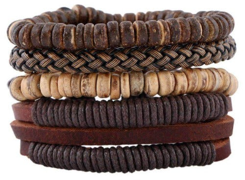 Boho Braided Coconut Shell, Hemp And Leather Multilayer Bracelet Set