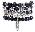 Black Beaded 5 Piece Buddha and Feather Bracelet Set