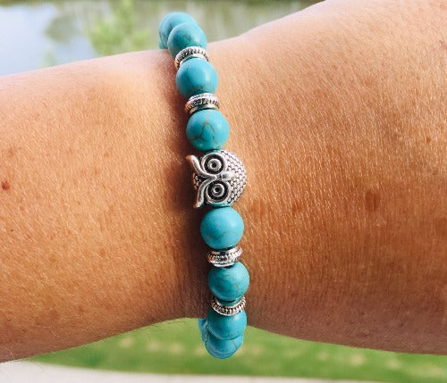 Owl Charm and Turquoise Beads Bracelet