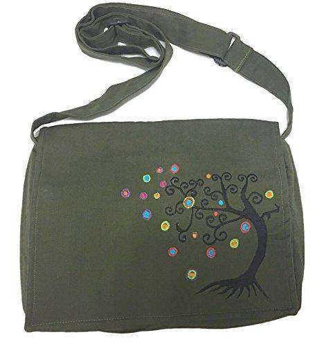 Army Green Handmade Hippie Boho Cross Body Messenger Bag with Himalayan Tree