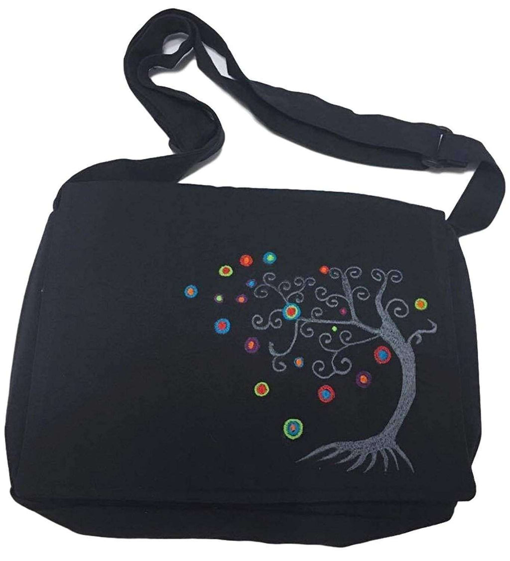 Black Handmade Hippie Boho Cross Body Messenger Bag with Embroidered Himalayan Tree and Adjustable Strap