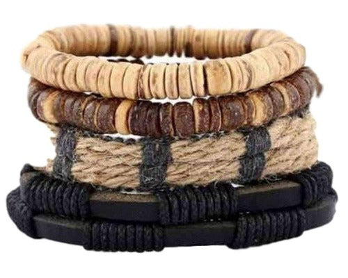 Black Leather, Coconut Beads and Hemp Hippie 4 Piece Bracelet Set
