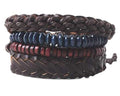 Brown Braided Leather with Red and Blue Beads Multilayer Bracelet Set