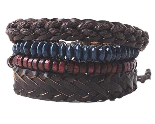 Brown Braided Leather with Red and Blue Beads Multilayer Bracelet Set