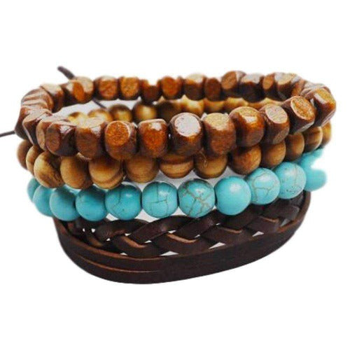 Brown Braided Leather with Turquoise and Natural Colored Wooden Beads Multilayer Bracelet