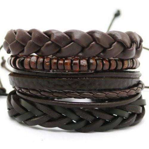 Chunky Brown Bead And Braided Leather Multilayer Bracelet Set
