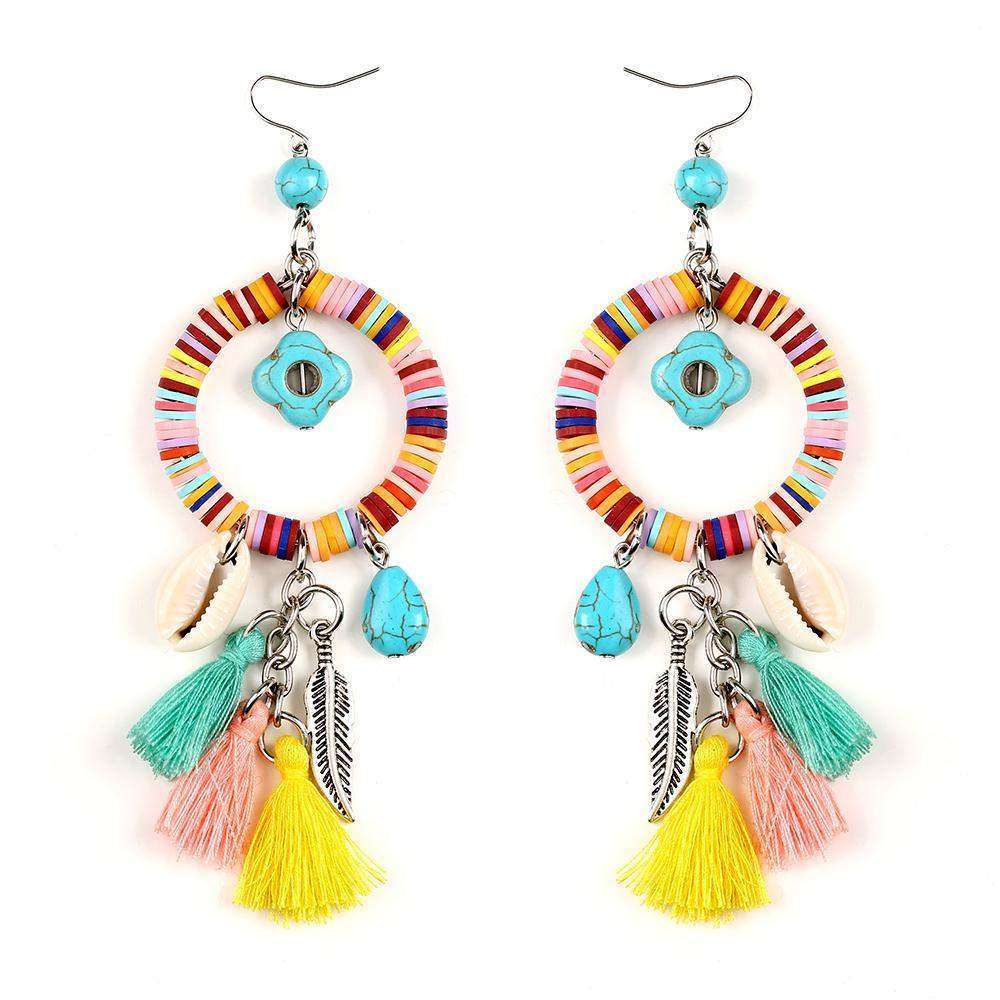 Colorful Tasseled Shells &amp; Feather Earrings