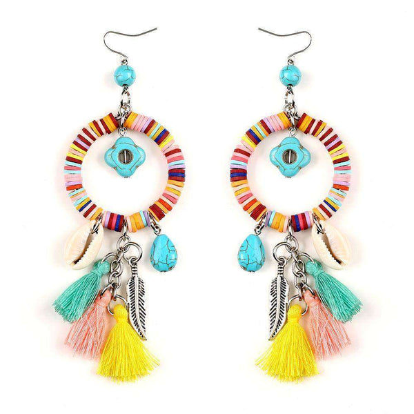Colorful Tasseled Shells & Feather Earrings
