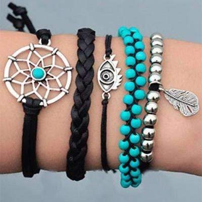 &quot;Dreamcatcher&quot; Turquoise beads ,All Seeing Eye and feather charms Bracelet Set