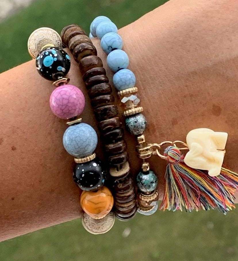Hippie Colorful  Wood and Acrylic Beads with Elephant and Tassel Bracelet Set