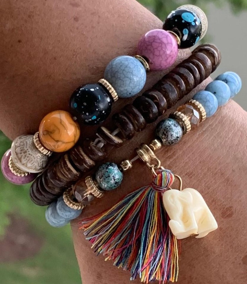 Hippie Colorful  Wood and Acrylic Beads with Elephant and Tassel Bracelet Set