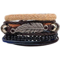 Hippie Feather Charm Leather & Hemp Multilayer Bracelet Set