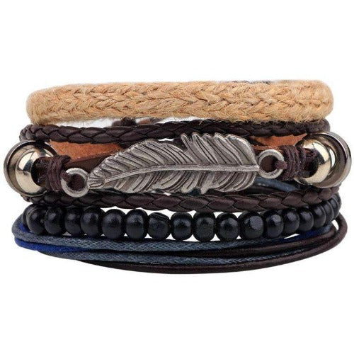 Hippie Feather Charm  Leather And Hemp Multilayer Leaf Bracelet Set