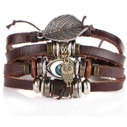 Feather Charm With Eye And Owl Leather Bracelet