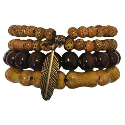 Feather Charm With Ocher Mustard Ceramic And Wooden Bead Hippie Bracelet Set