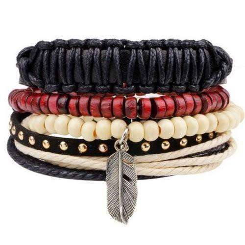 Feather Charm With Red, Cream And Black Beads Leather Multilayer Bracelet Set