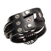 "Float" Feather and Leaf Charm Black Leather Cuff Bracelet