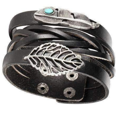 &quot;Float&quot; Feather and Leaf Charm Black Leather Cuff Bracelet