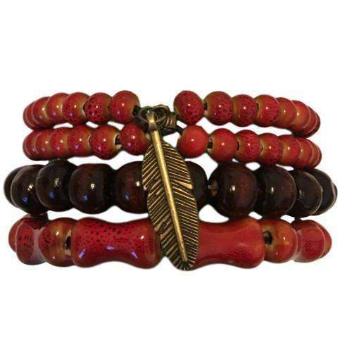 &quot;Float&quot; Feather Charm with Red Ceramic and Wooden Beads Hippie Bracelet Set