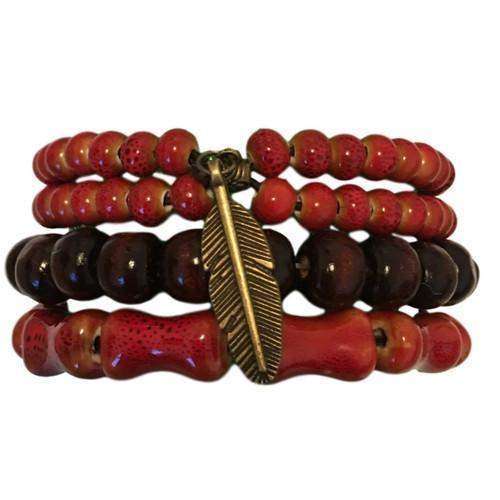 "Float" Feather Charm with Red Ceramic and Wooden Beads Hippie Bracelet Set