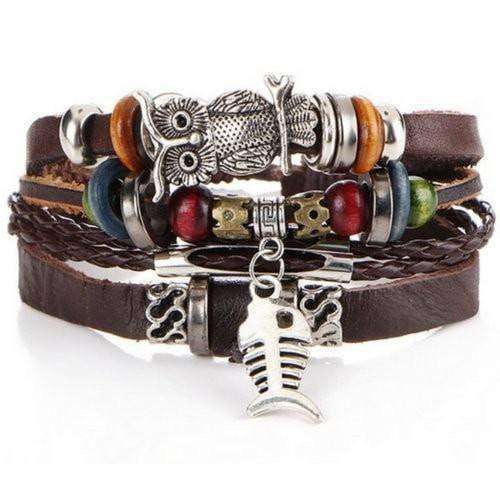 "Freedom" Fish and Owl Charm Beaded Leather Bracelet