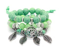 Green tree of life beaded 3-piece bracelet set with silver charm and feather bangles