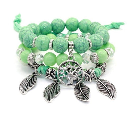 Green Tree of Life Beaded 3 Piece Bracelet Set