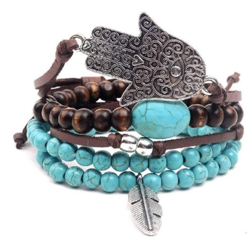 Hamsa Hand and Feather Leather, Bead and Hemp Boho Hippie Bracelet Set