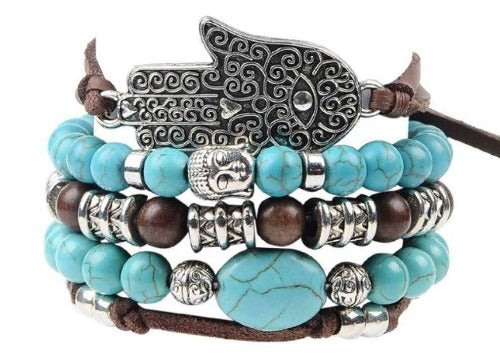 Hamsa Hand Charm With Turquoise Beads 5 Piece Leather Bracelet Set