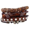 Studded leather and wood bead multilayer boho hippie bracelet set in brown