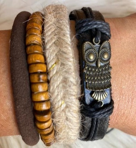 ronzed owl charm with gold beads and black leather hemp boho bracelet set