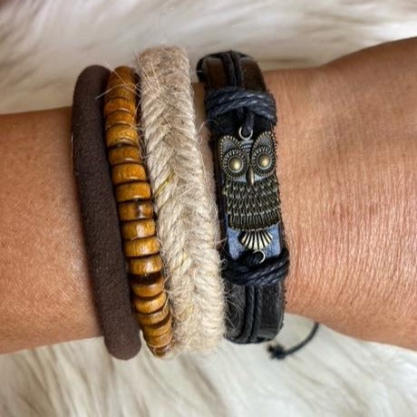 Bronzed Owl Charm With Gold Beads And Black Leather Bracelet Set