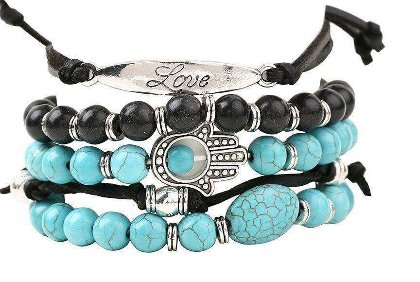 "Love" Inspirational Turquoise and Black Beaded 5 Piece Bracelet Set