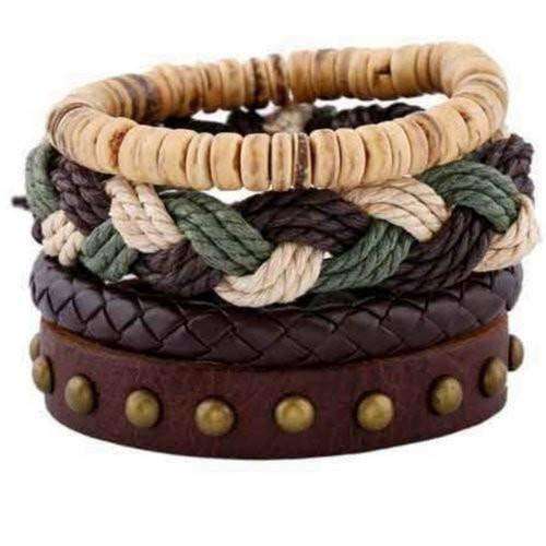 Mother Nature Green Braided Hemp And Studded Leather Multilayer Bracelet Set