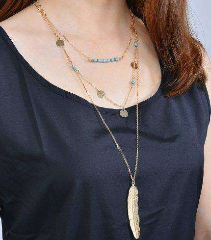 The Hippie Multi Layered Necklace with Feather and Turquoise beads