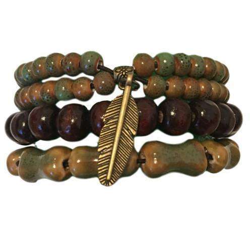Organic Green Ceramic And Wooden Beads With Feather Charm Bracelet Set