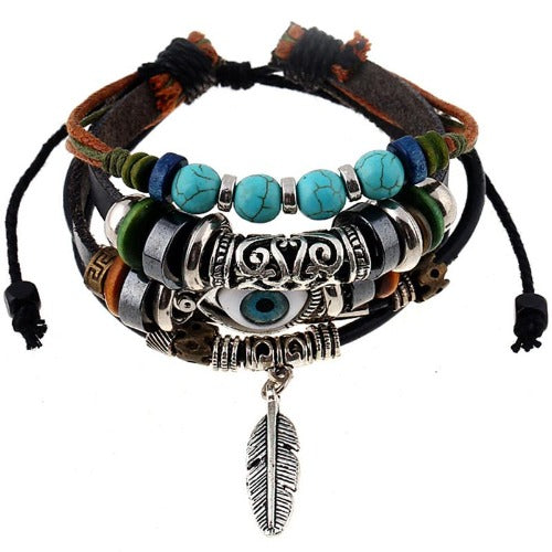 Boho Gypsy Brown Leather Feather and Seeing Eye  Charms  Bracelet
