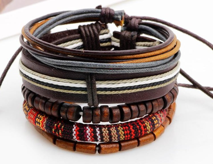 Mix of Browns with Wood Beads, Rope and Leather Bracelet Set