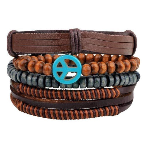 Turquoise peace charm beaded leather multilayer bracelet set with natural wooden beads, fully adjustable