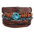 Turquoise peace charm beaded leather multilayer bracelet set with natural wooden beads, fully adjustable
