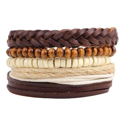 Brown And Cream Hemp, Bead And Braided Leather Multilayer Bracelet